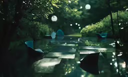 many lights glowing from a park with benches and umbrellas