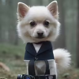 a dog in a blue jacket and black camera strap