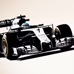 the white and black car has a man sitting on it