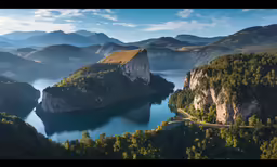aerial view of a mountainous area next to some lake