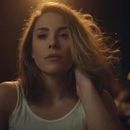 a girl posing in the middle of the night with her hair flying in the wind