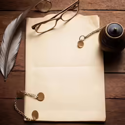 the old manuscript with two brass coins sits on a wood floor