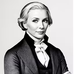 a woman with blonde hair and a black jacket is posing