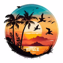 a colorful sunset with palm trees and birds flying in the air