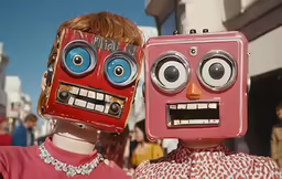 two people with fake faces are wearing robot masks