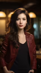 a beautiful woman in a red leather jacket and black top