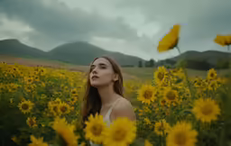 a woman is in a field with flowers