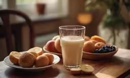 milk and fruit in glass on wooden table