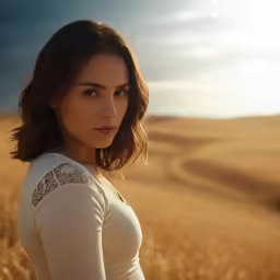 a woman standing in the middle of a large field