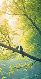 the two birds sit on the tree branches