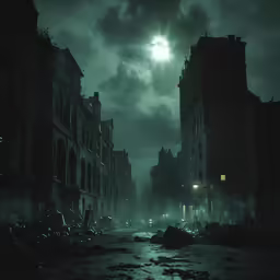 a dark night street, filled with debris and buildings