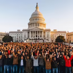 a large group of people wave and take photographs