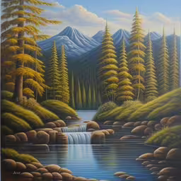 painting of a mountain lake with waterfall and trees,this is a painting of water and trees