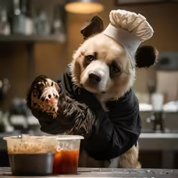 a bear dressed up as a chef holds on to the head of a stuffed animal