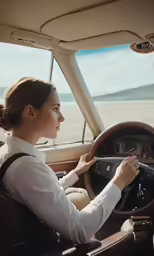 a woman sitting in a car and playing on the steering wheel