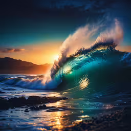 an ocean wave is coming to shore at dusk,the sunset lights up a huge wave as it crashes