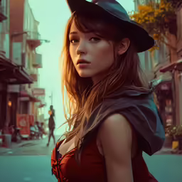 a pretty young woman with a hat on her head standing in front of a building