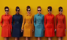 a row of seven models in red, yellow, blue and orange coats with sunglasses