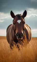 a horse is looking out in a golden field
