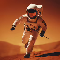 an astronaut is running through the desert while carrying a pair of skis