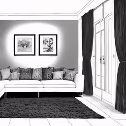 a drawing of a couch and two pictures on the wall