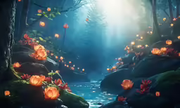 a forest full of lit candles floating in the water