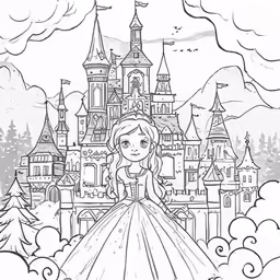 a princess standing on a castle with clouds
