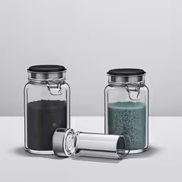 three jars sit on the table with two containers in one