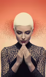 a girl with white hair is in front of an orange background