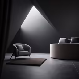a modern style couch next to a round chair