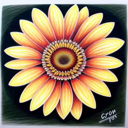 a painting of a flower on a black background,colorful sunflower painted on dark black canvas,a flower is depicted in this painting,a colorful flower with yellow petals is shown,a picture of a painting with the colors orange, yellow and grey