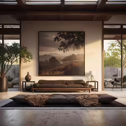 a large picture hangs above a living room