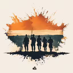the silhouettes of soldiers on top of a hill with an orange sky in the background
