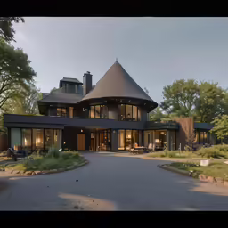a black house sits at the end of a paved road