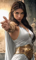 a girl in roman dress pointing to the side