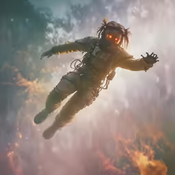 a person is flying through the air in an alien costume