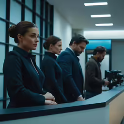 three people standing next to each other at a counter