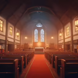 an empty church with red carpet and rows of pews