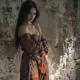 a woman in a brown dress and a brown wall
