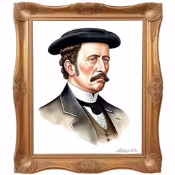 a drawing of a man in a suit and hat,a portrait is in a gold frame