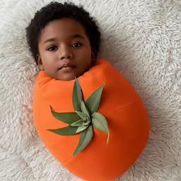 a young child sleeping on a blanket with an orange pillow