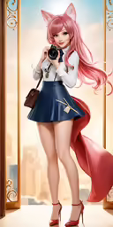 anime female with pink hair standing in front of a picture
