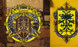 the coat of arms of two different countries,two yellow and grey coats hanging from a wall