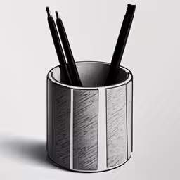 a pencil holder with four pens and a pencil on top of it