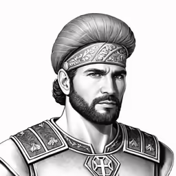 a cartoon character in black and white, wearing a turban