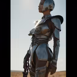 a woman wearing a silver armor standing in the desert