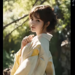 an asian woman standing on the ground in a park setting