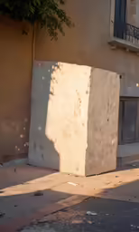 a cement block sitting on the side of a road next to a building