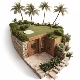 the green roof is built from a rock wall