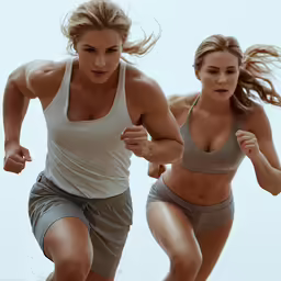 two beautiful women running together outside in running gear